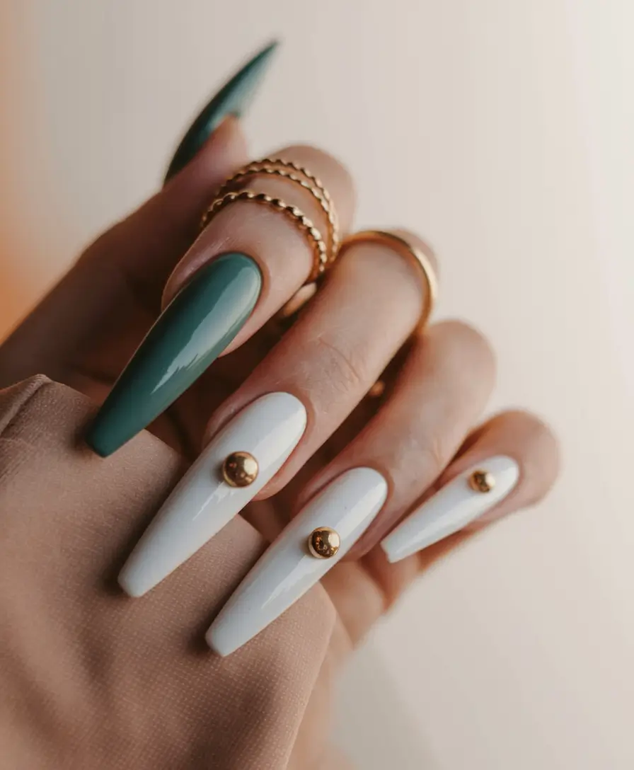 fall-acrylic-nails-ideas-Emerald-and-White-with-Gold-Studs