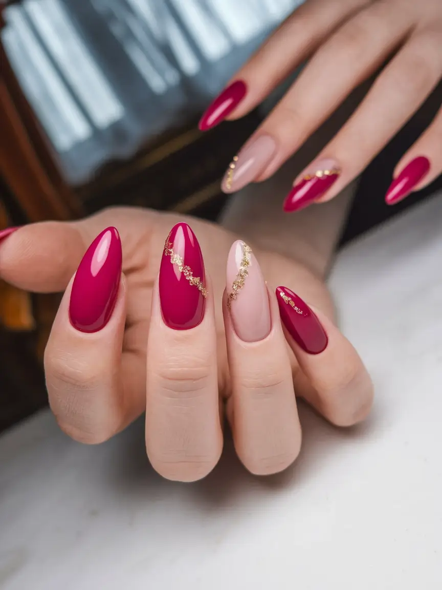 fall-acrylic-nails-ideas-Berry-Red-with-Gold-Detailing