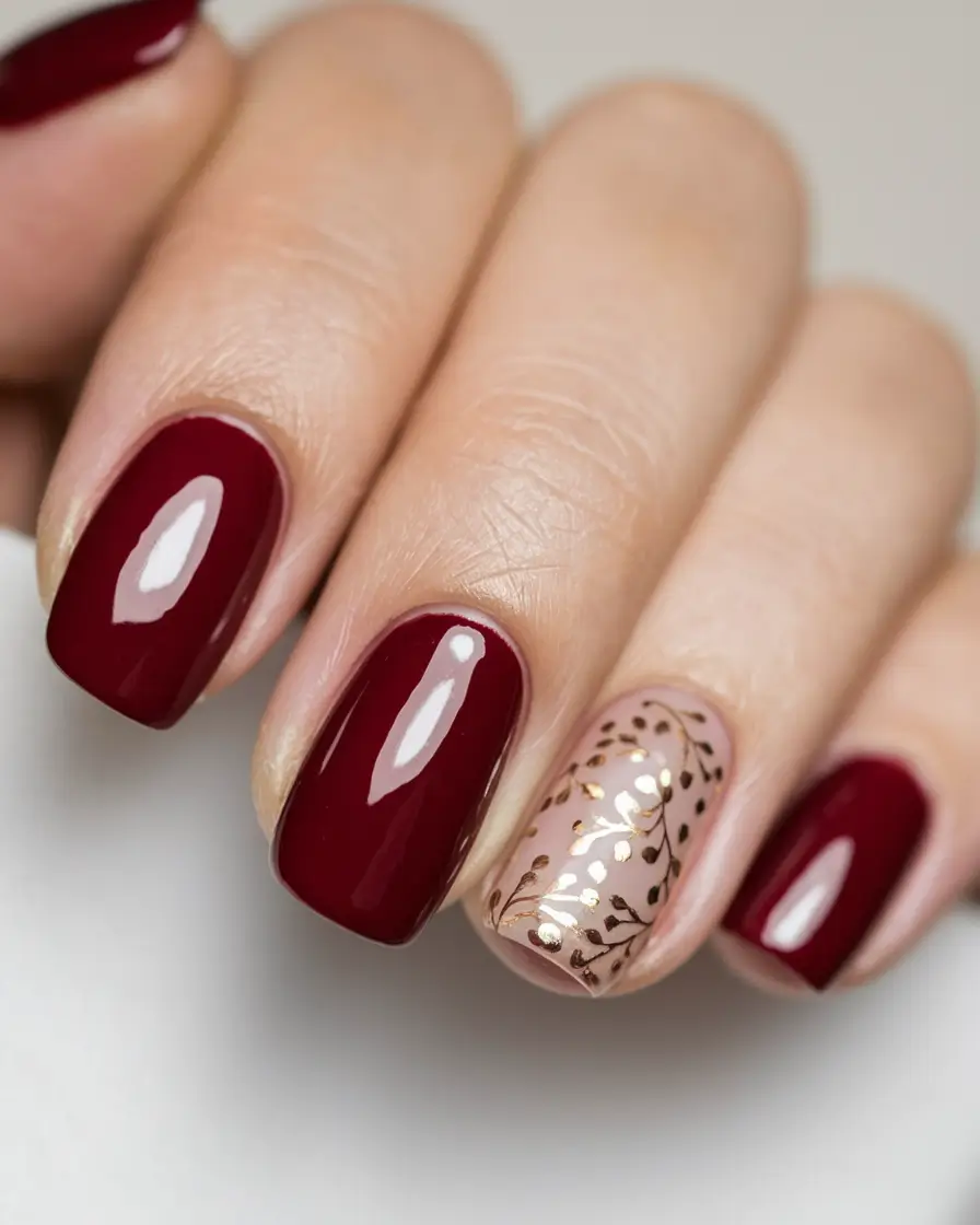 fall-acrylic-nails-ideas-Wine-Red-with-Golden-Leaf-Accent