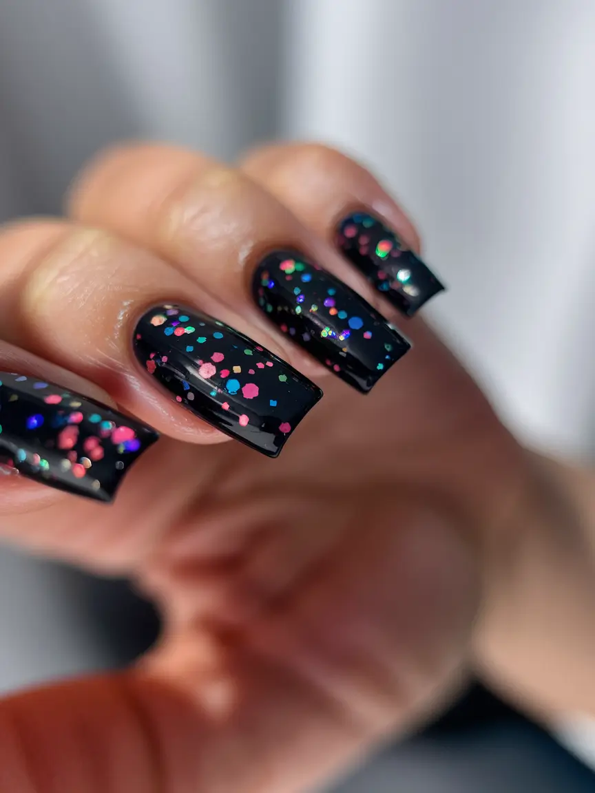 fall-acrylic-nails-ideas-Black-Sparkle-Confetti