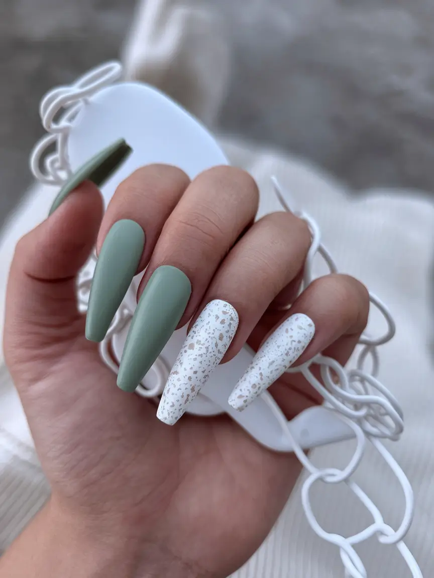 fall-acrylic-nails-ideas-Speckled-Sage-and-White-Contrast