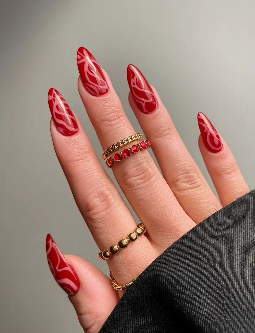 fall-acrylic-nails-ideas-Fiery-Red-Swirls