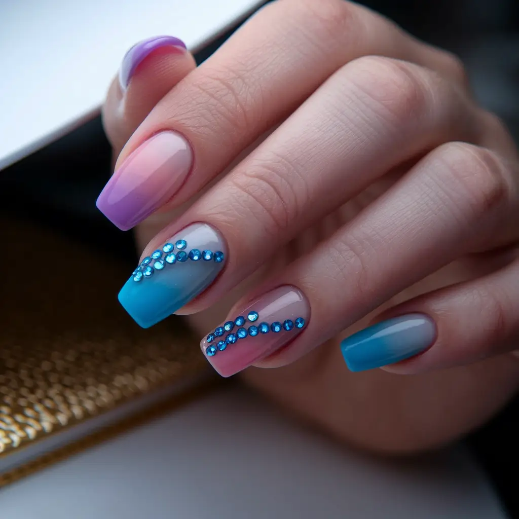 2025 Fall Nails with Sparkly Accents Ombre Sapphire Lines
