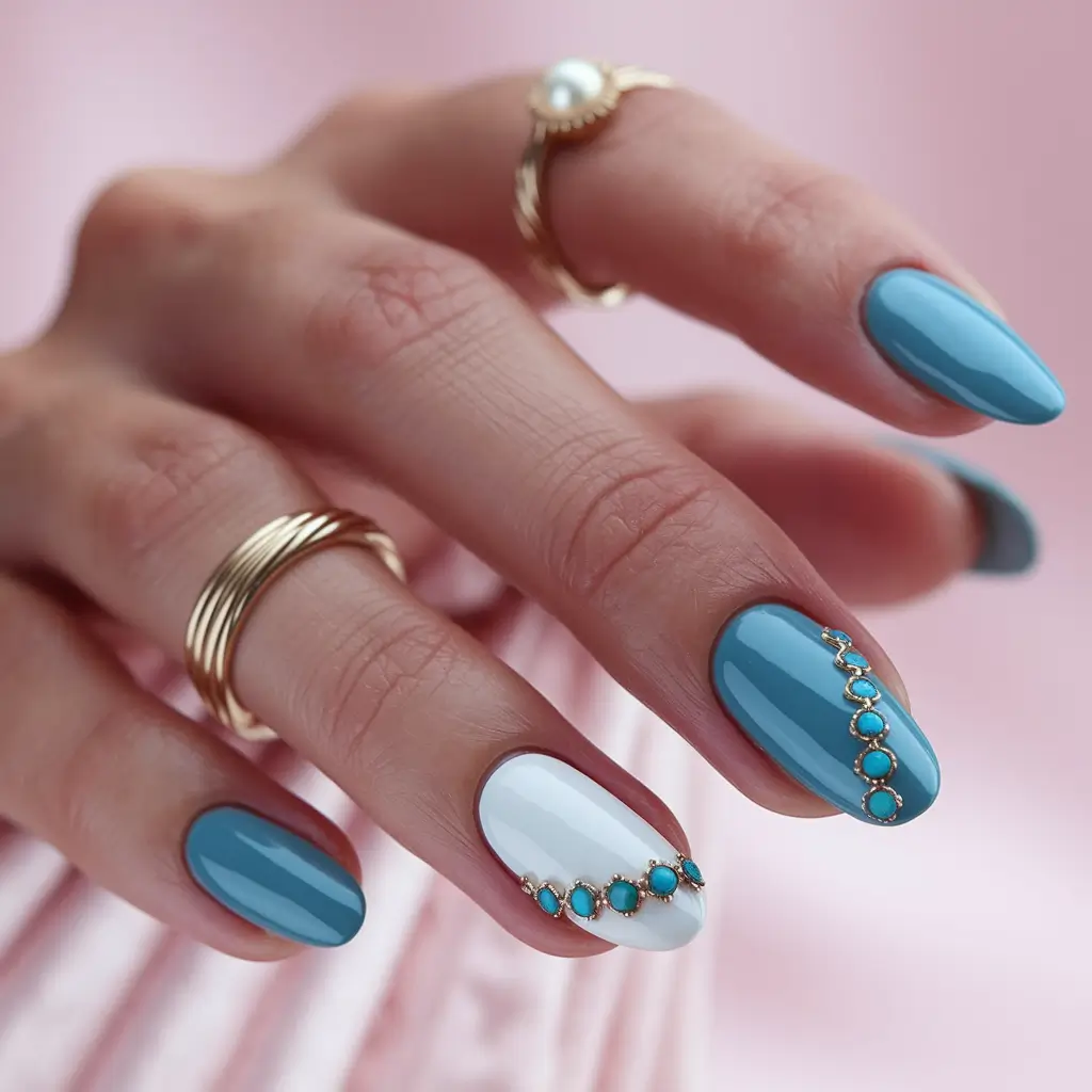 2025 Fall Nails with Sparkly Accents Turquoise Jewels