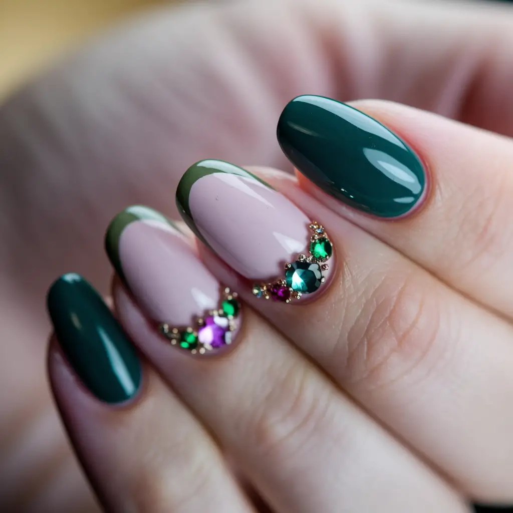 2025 Fall Nails with Sparkly Accents Emerald French Luxe