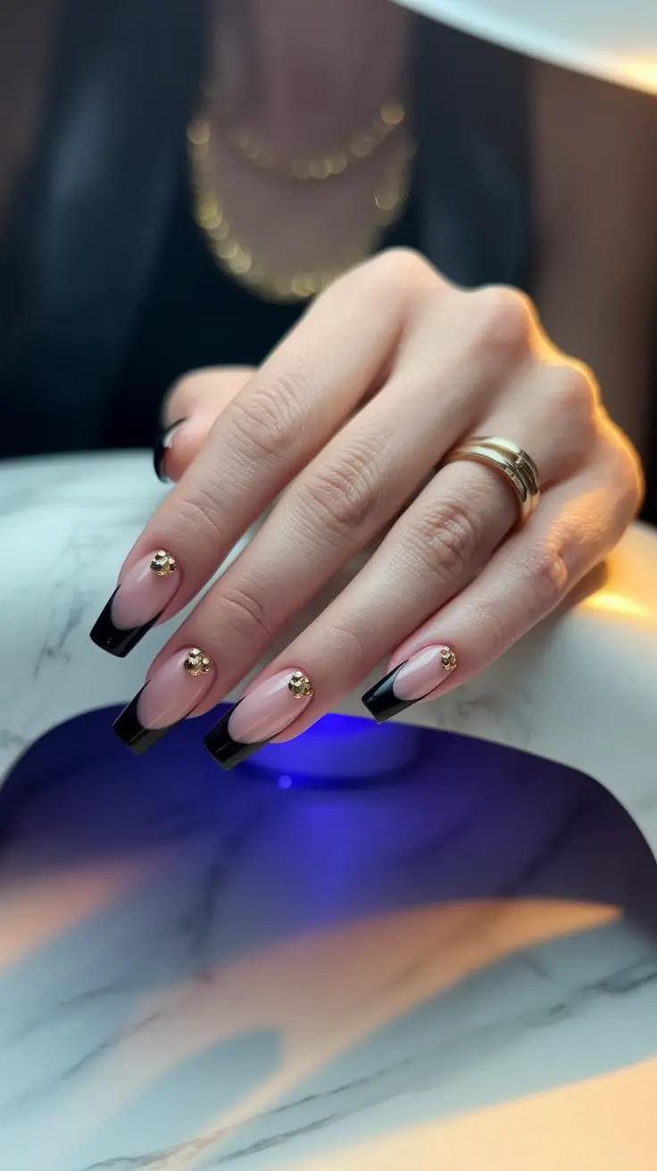 2025 Fall Nails with Sparkly Accents Black French
