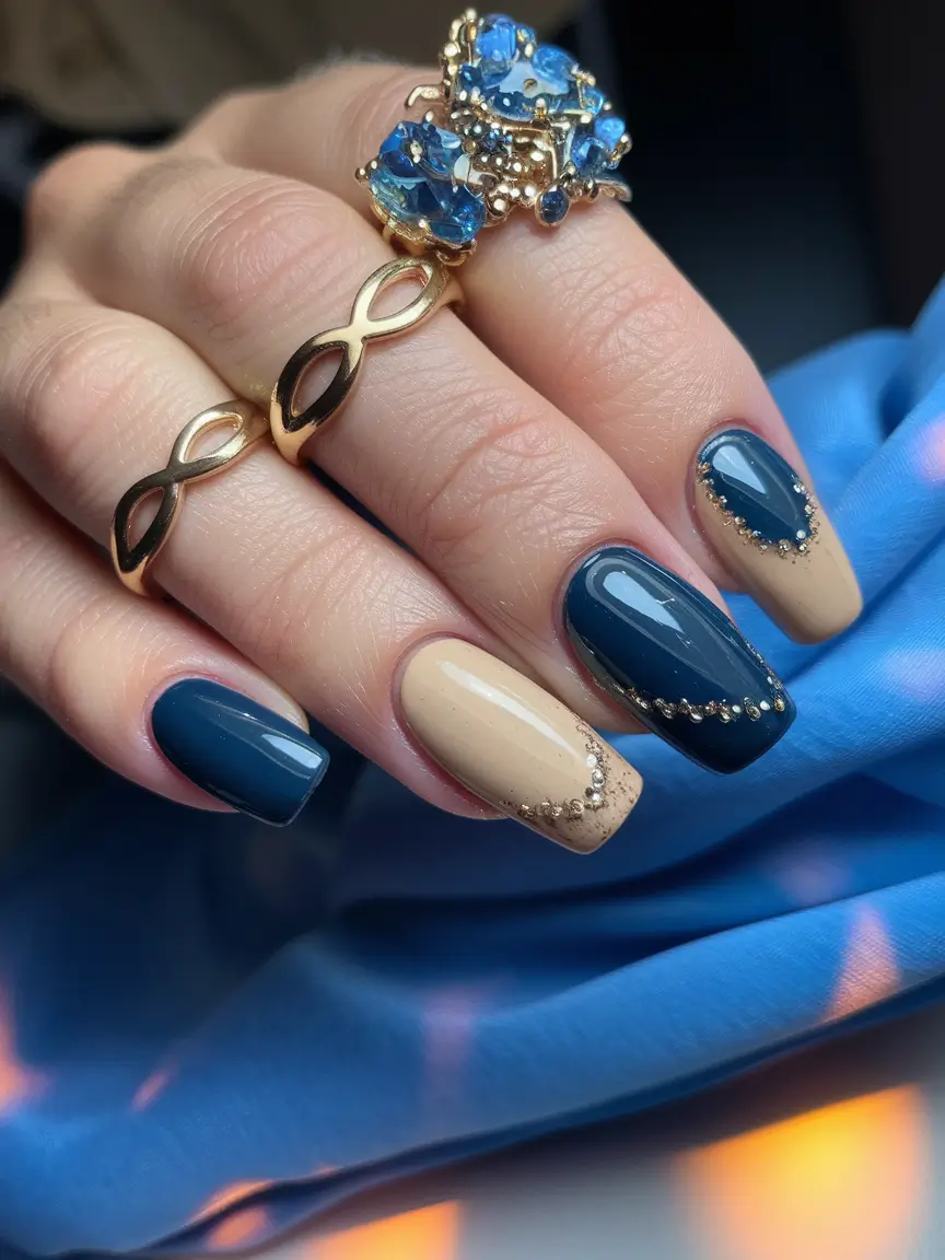 2025 Fall Nails with Sparkly Accents Blue Nude Contrast