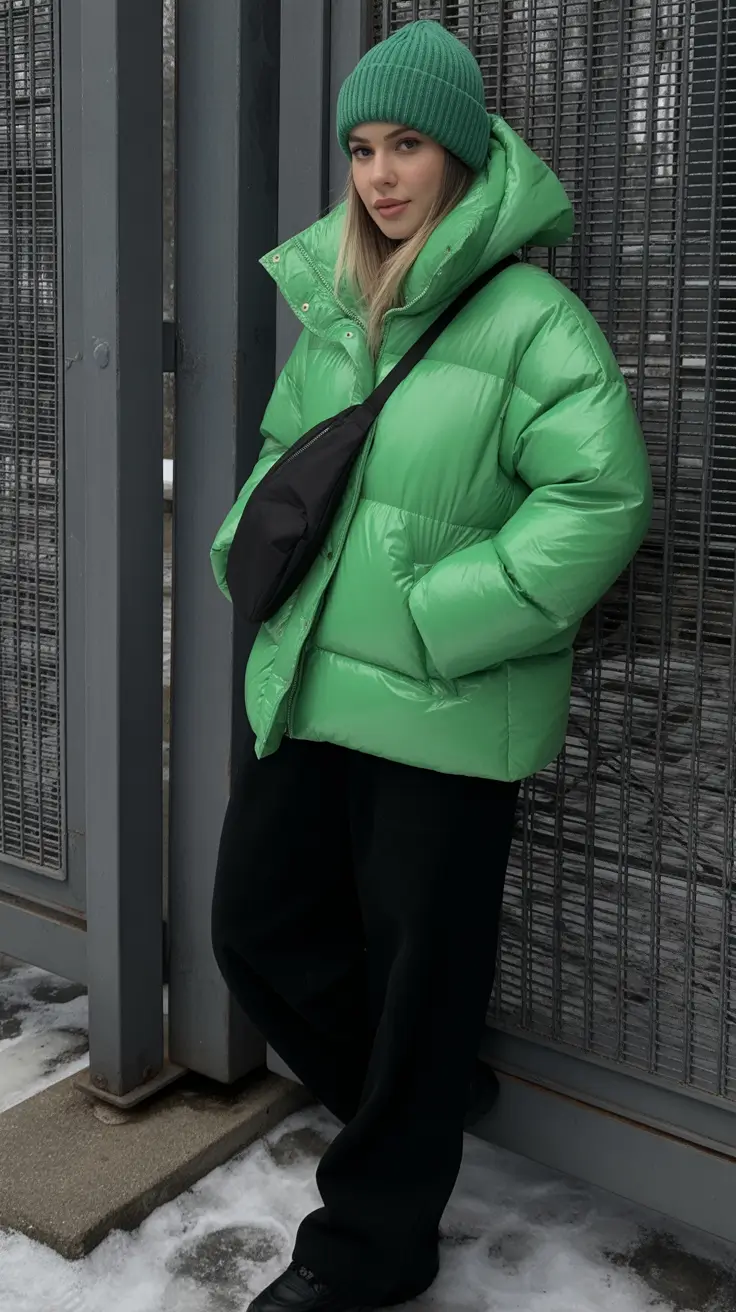 Basics Fall to Winter Outfits Winter 2025 Sporty Puff in Fresh Green