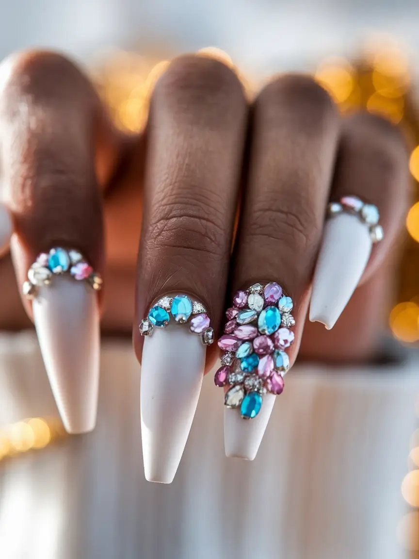 fall/winter nails colors Frosted White with Gem Accents