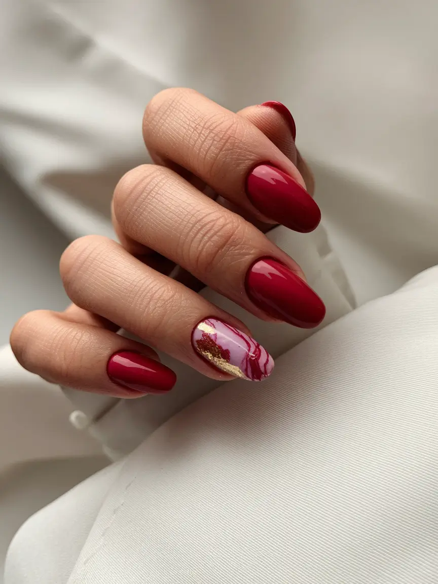 fall/winter nails colors Crimson with Artistic Accent