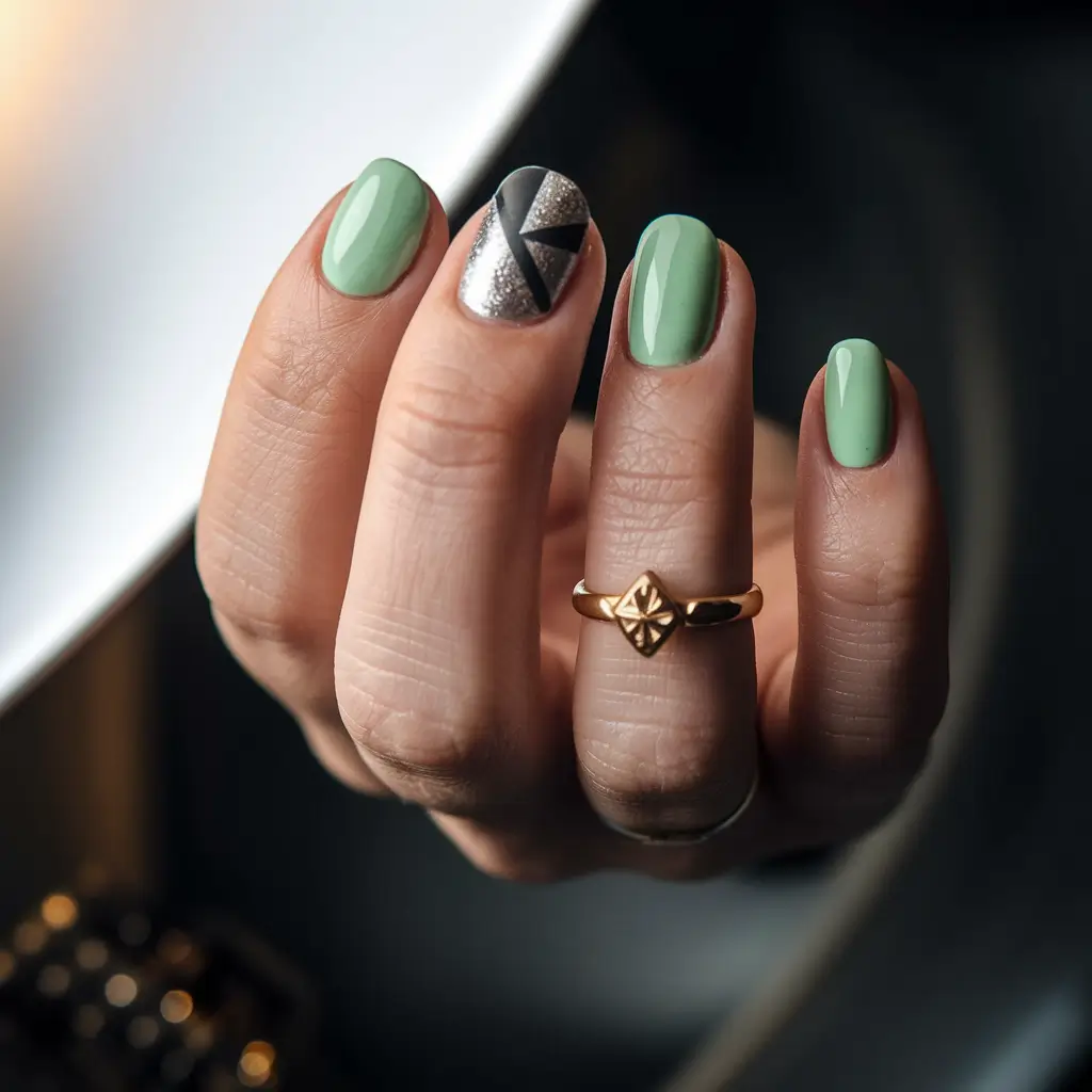 Bold Color Block Nails Fall 2025 Mint Glow with Graphic Contrast