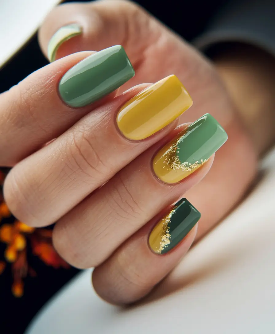 Bold Color Block Nails Fall 2025 Green Meets Mustard Elegance
