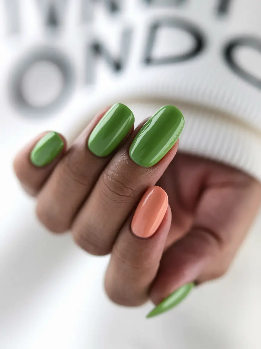 Bold Color Block Nails Fall 2025 Fresh Green with Peach Accent