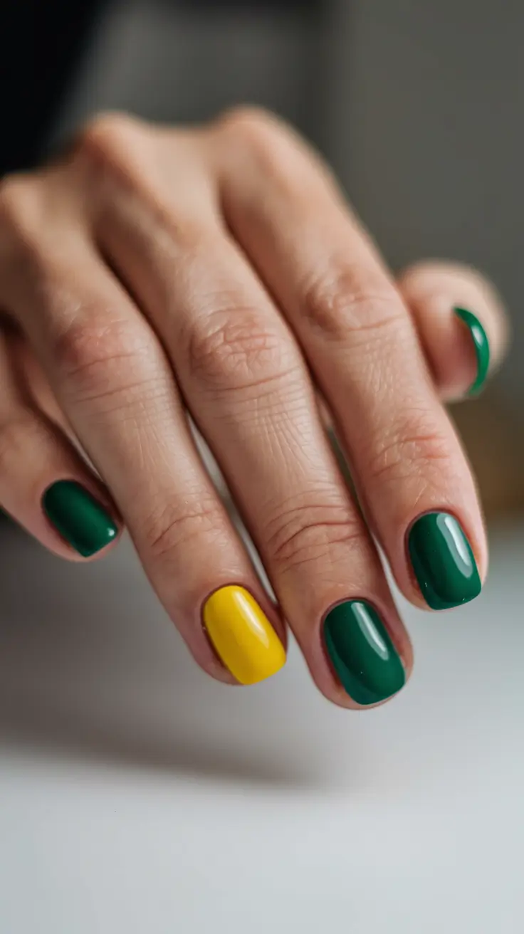 Bold Color Block Nails Fall 2025 Classic Green and Gold Duo