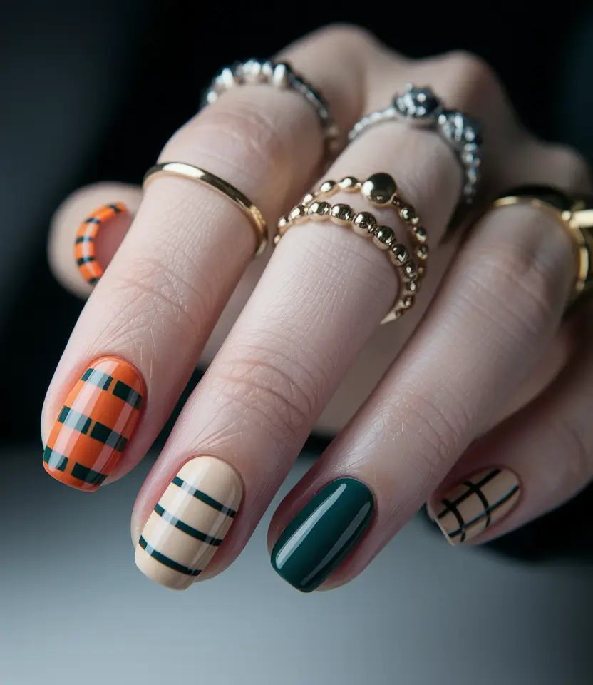 Bold Color Block Nails Fall 2025 Cozy Plaid Statement