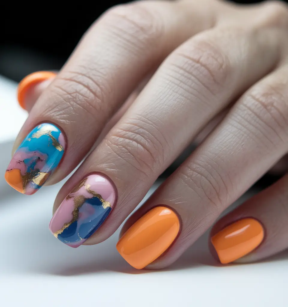 Bold Color Block Nails Fall 2025 Marbled Sunset Mix