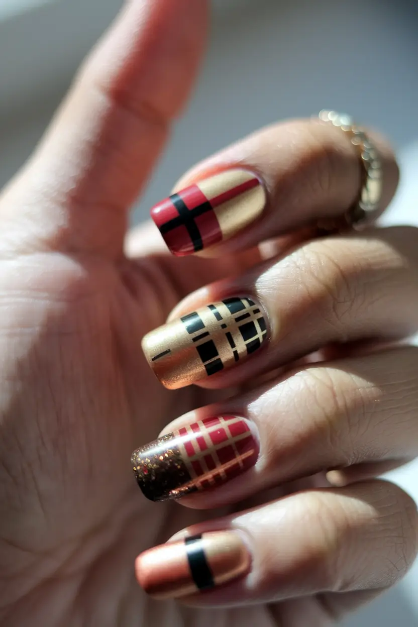 Bold Color Block Nails Fall 2025 Gilded Plaid Luxe