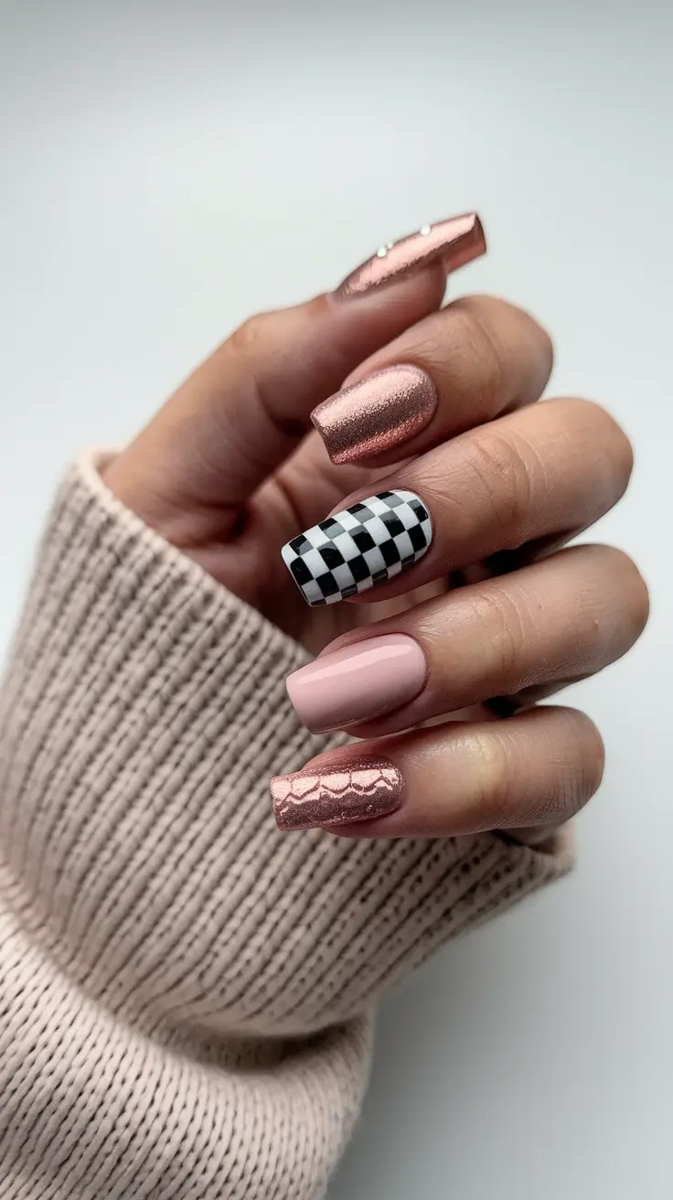 Bold Color Block Nails Fall 2025 Metallic Meets Checkerboard