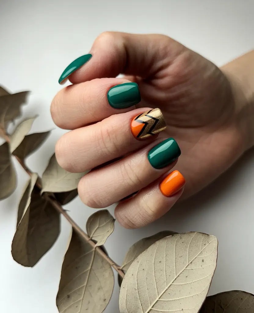 Bold Color Block Nails Fall 2025 Chevron Gold Edge
