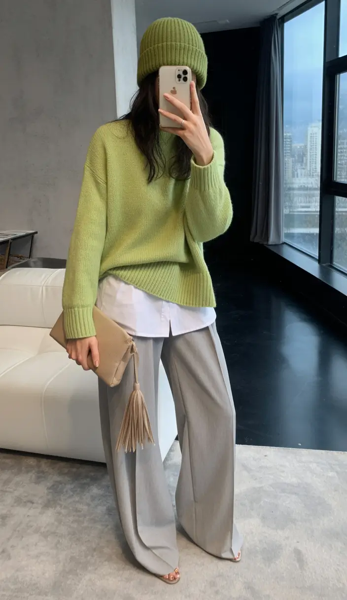 casual winter outfits for women Lime Green Layers with Tailored Ease