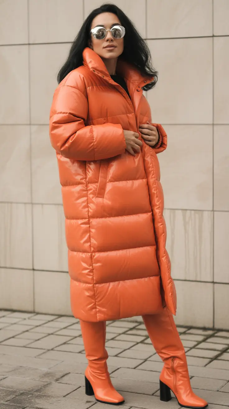 casual winter outfits for women Bold Orange Puffer Drama