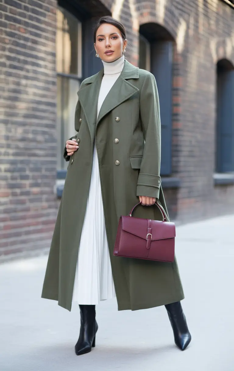 casual winter outfits for women Olive Coat with Structured Elegance