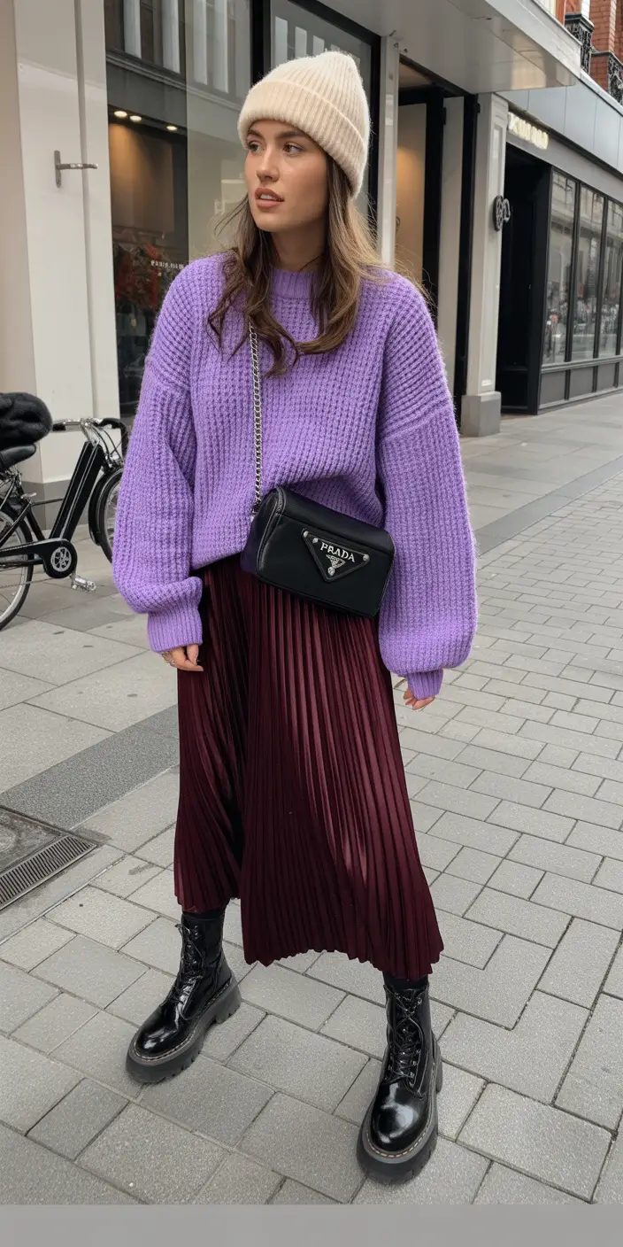 casual winter outfits for women Lavender Knit with Burgundy Skirt