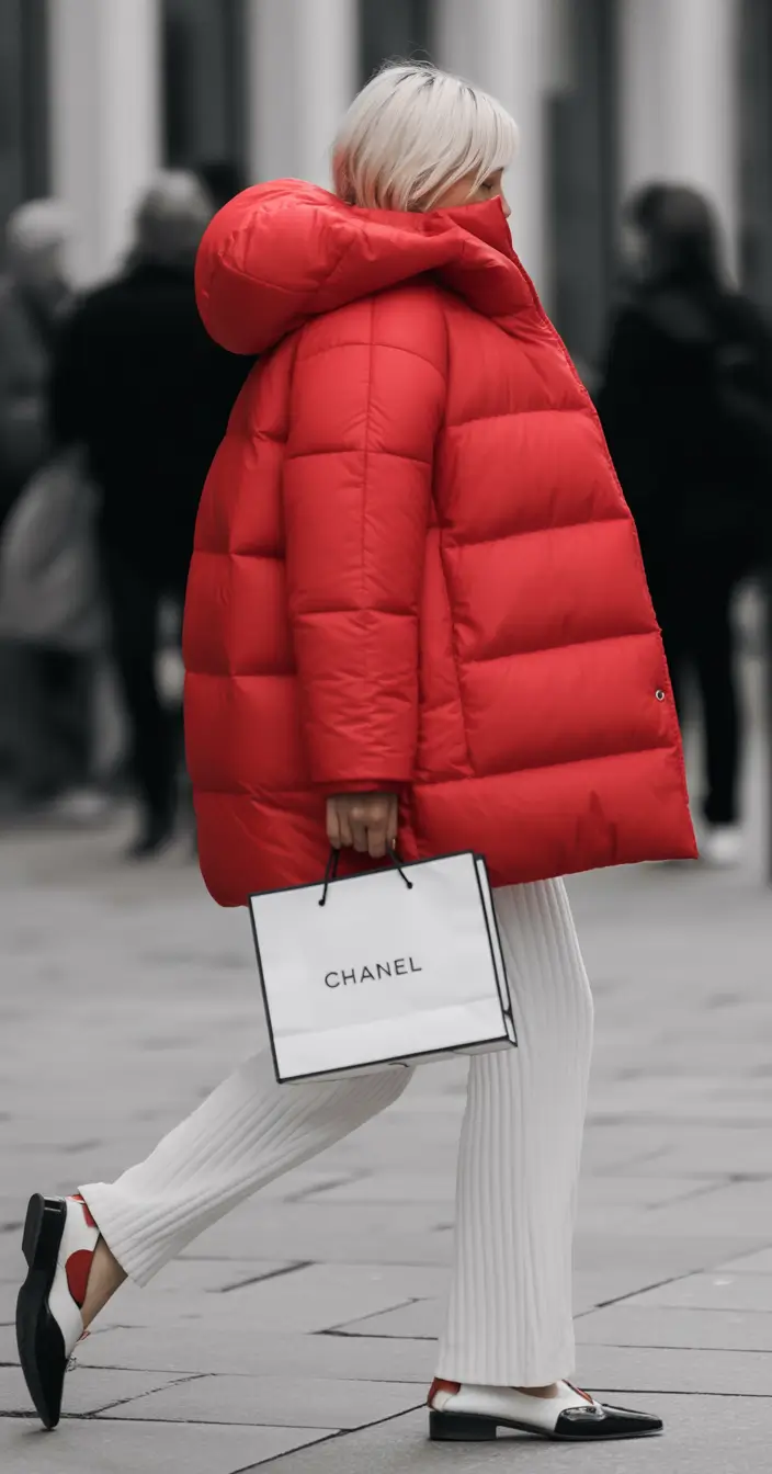 casual winter outfits for women Oversized Red Puffer with White Knitwear