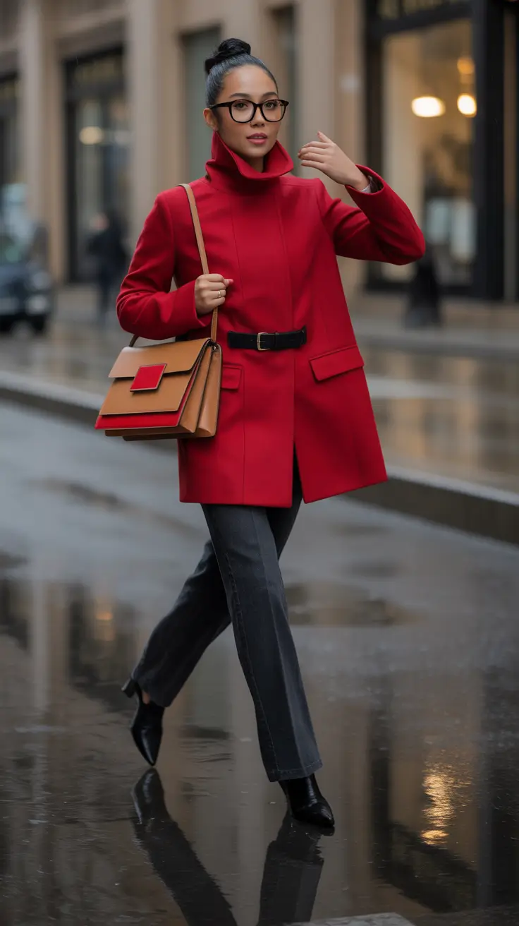 casual winter outfits for women Structured Red Coat with Belt Detail