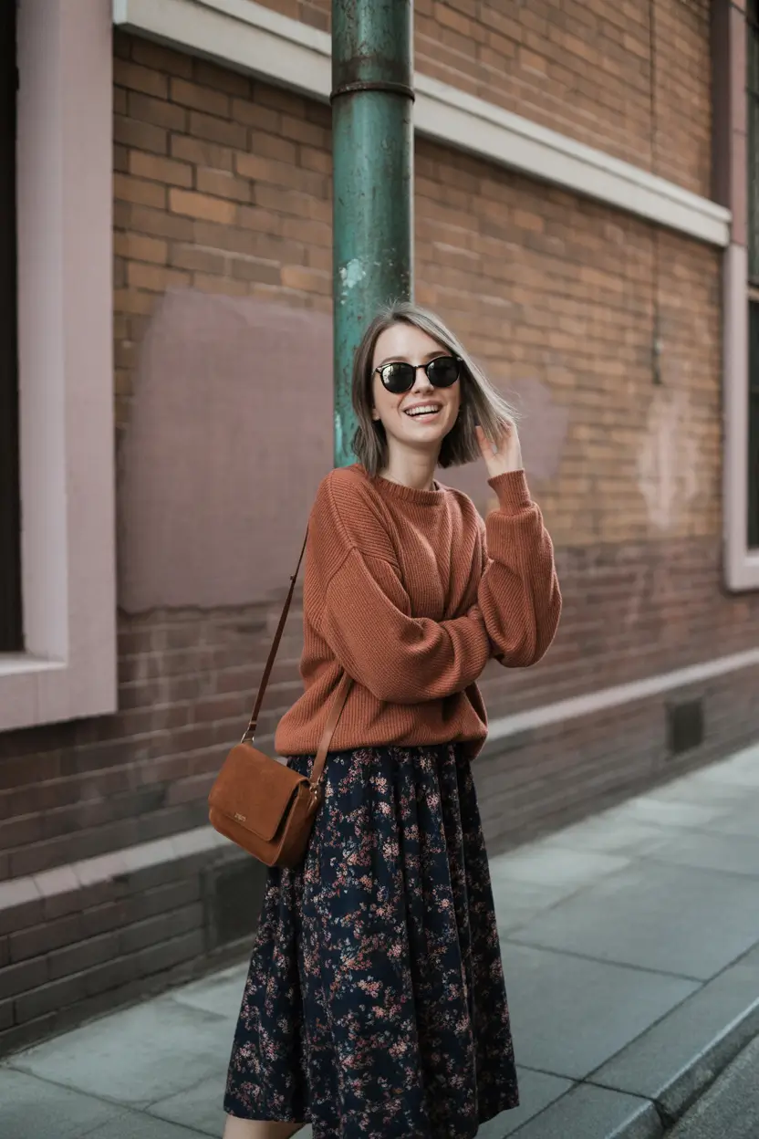 casual winter outfits for women Rust Knit with Floral Skirt