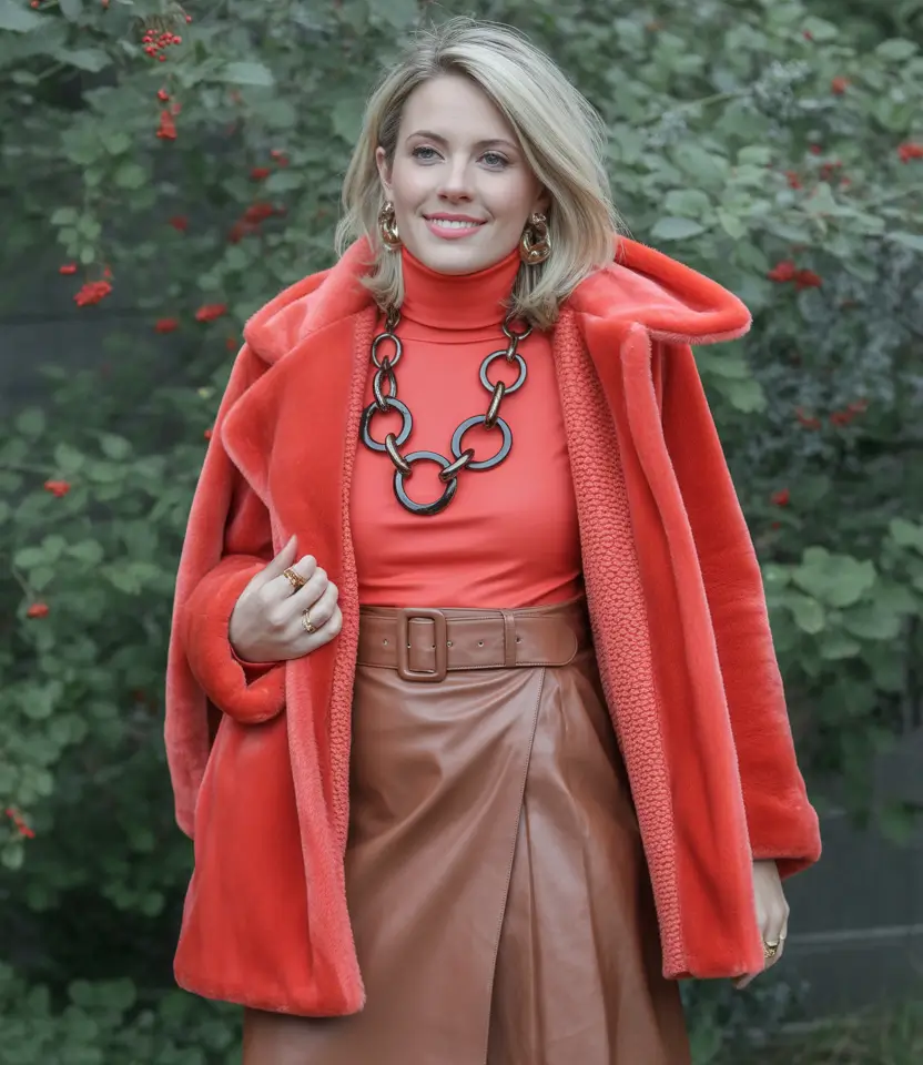 casual winter outfits for women Bold Red Layers with Leather Accents