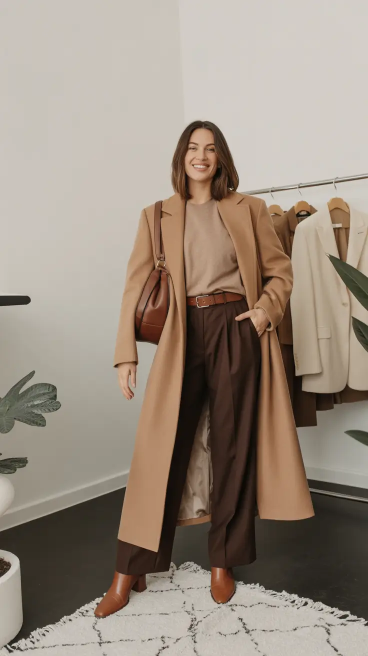 casual winter outfits for women Camel and Chocolate Balance