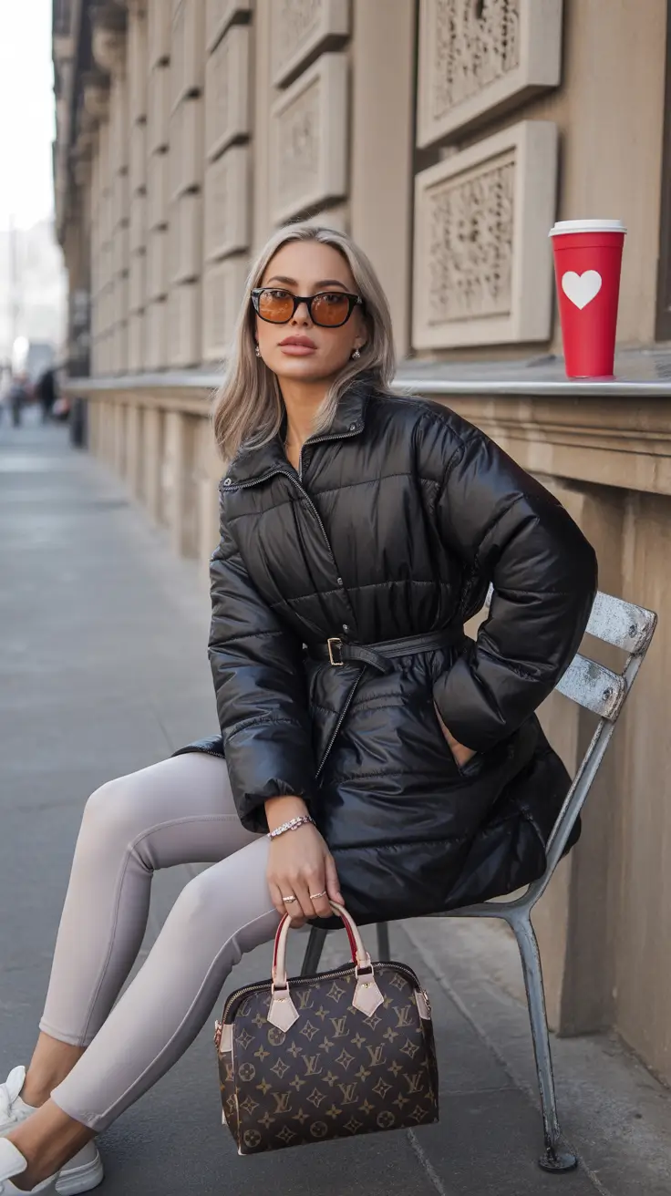 comfy winter outfits ideas 2025 2026 Black Belted Puffer with Everyday Elegance