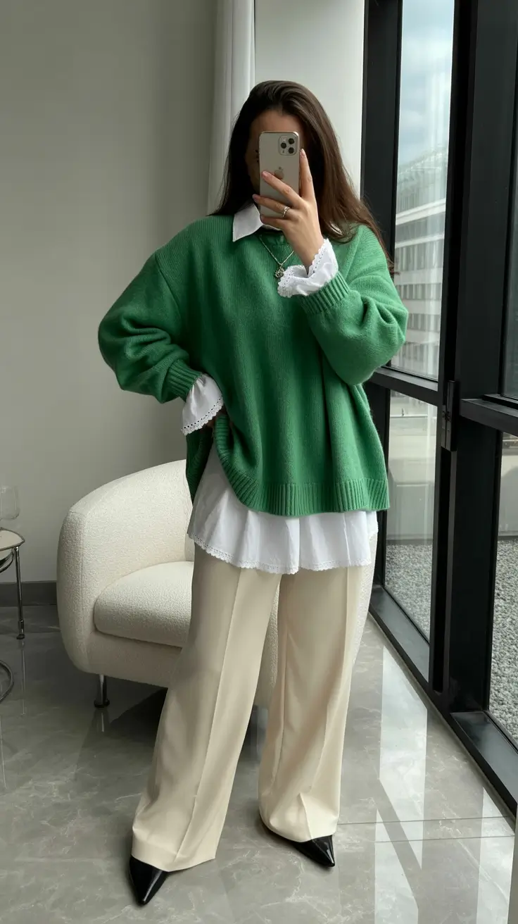 comfy winter outfits ideas 2025 2026 Layered Green Knit and Relaxed Trousers