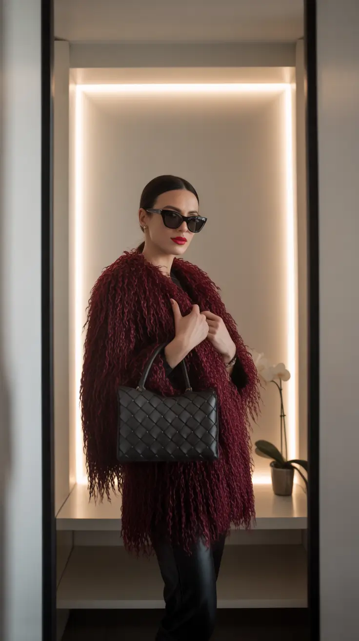 comfy winter outfits ideas 2025 2026 Deep Burgundy Textured Glam