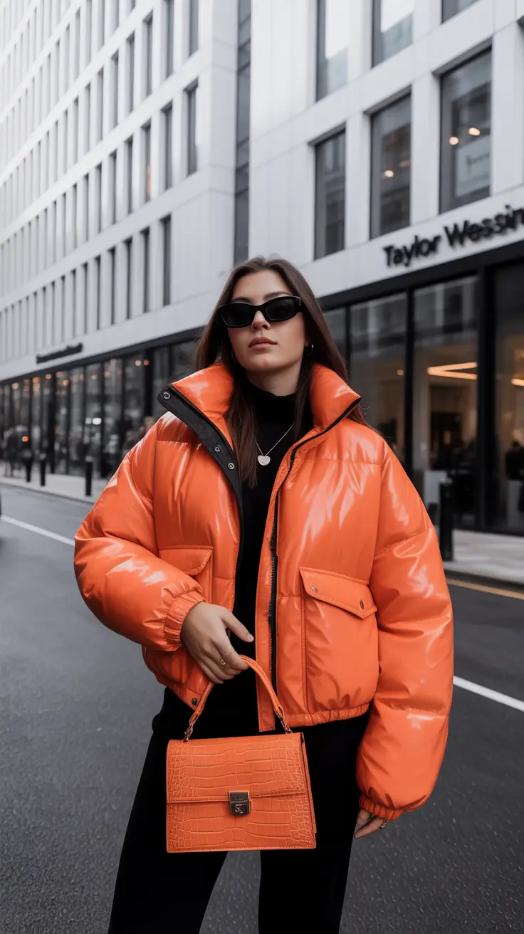 comfy winter outfits ideas 2025 2026 Bold Orange Street Puffer