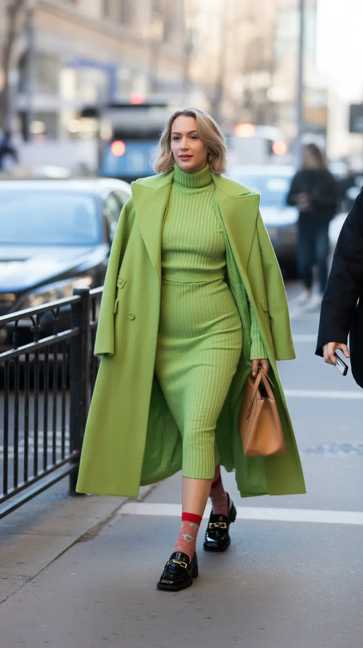 comfy winter outfits ideas 2025 2026 Lime Green Monochrome Confidence