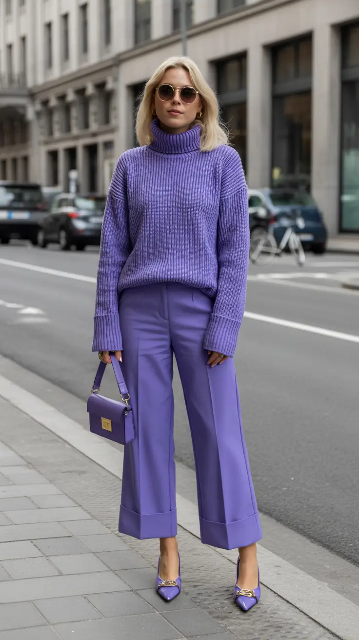 comfy winter outfits ideas 2025 2026 Purple Monochrome Street Chic
