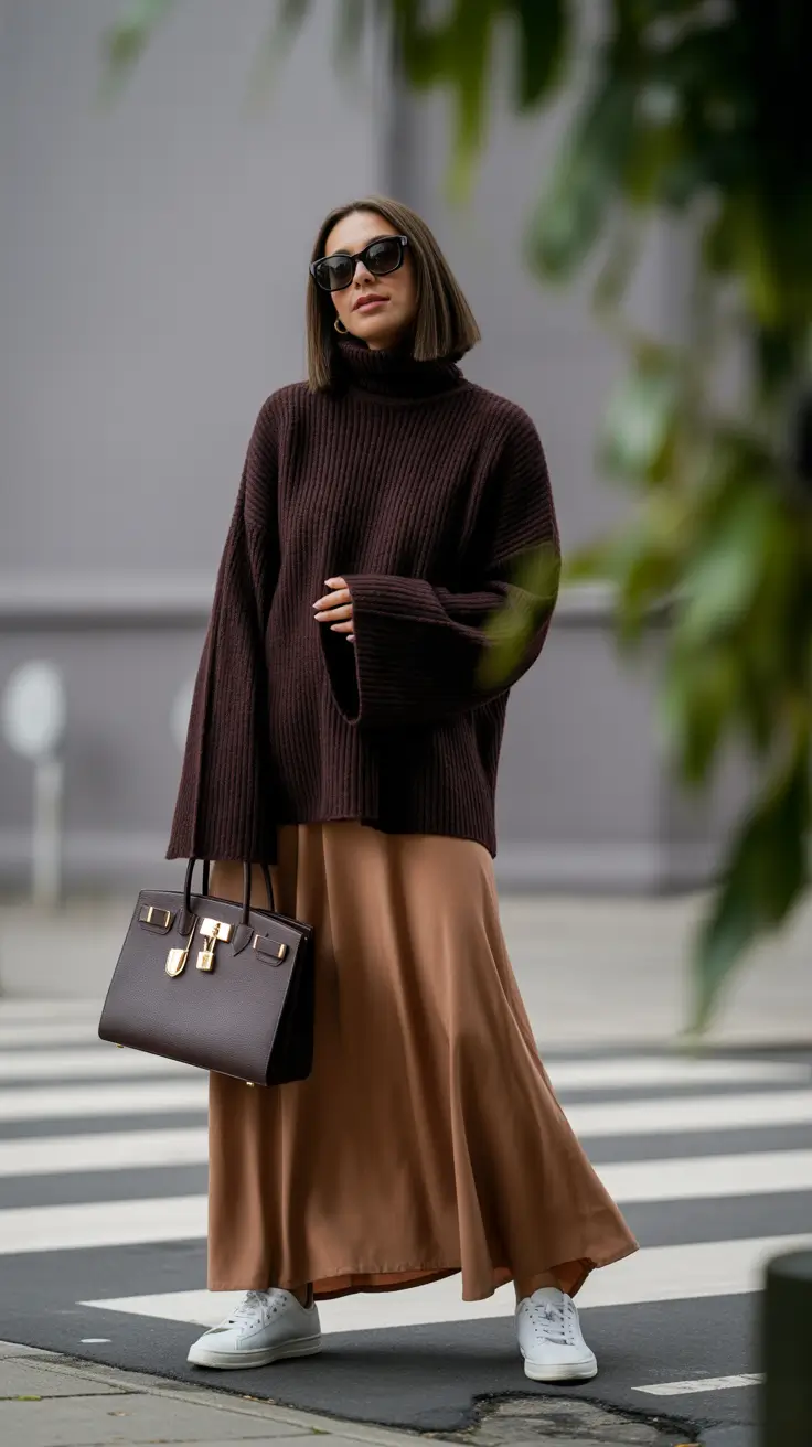 comfy winter outfits ideas 2025 2026 Chocolate Knit and Satin Flow