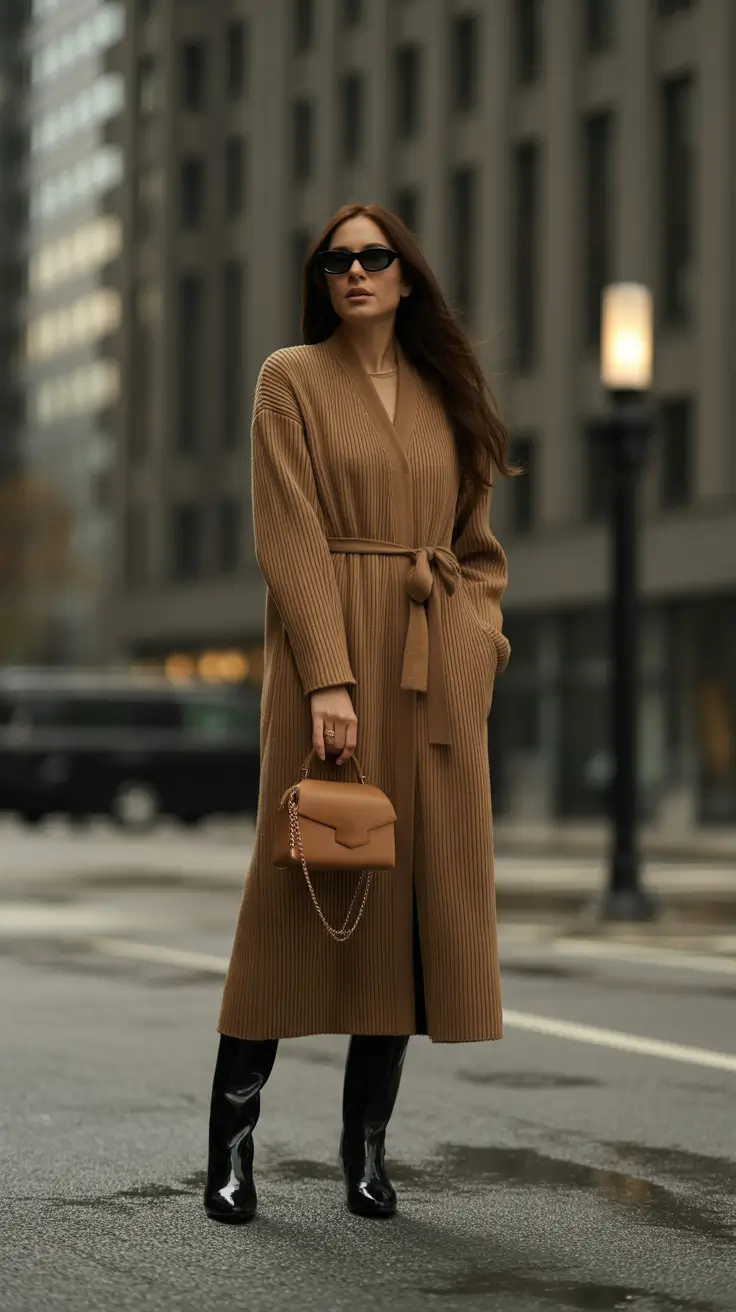 comfy winter outfits ideas 2025 2026 Caramel Knit Coat Elegance