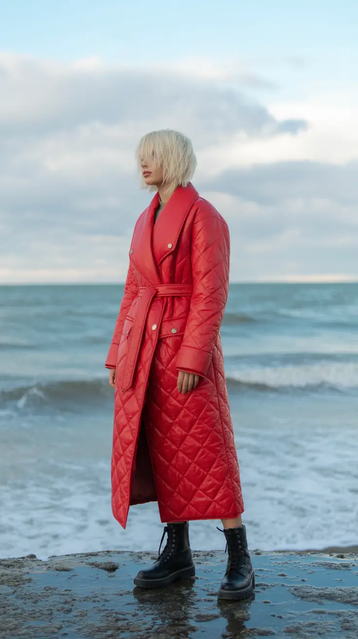 comfy winter outfits ideas 2025 2026 Statement Red Quilted Coat by the Sea