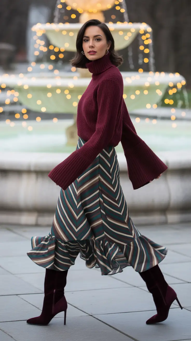 comfy winter outfits ideas 2025 2026 Wine Knit and Striped Skirt Grace