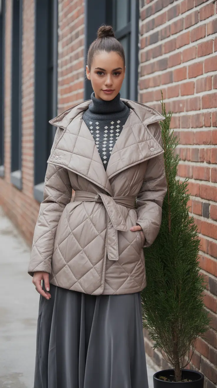 comfy winter outfits ideas 2025 2026 Quilted Jacket with Subtle Gray Layers