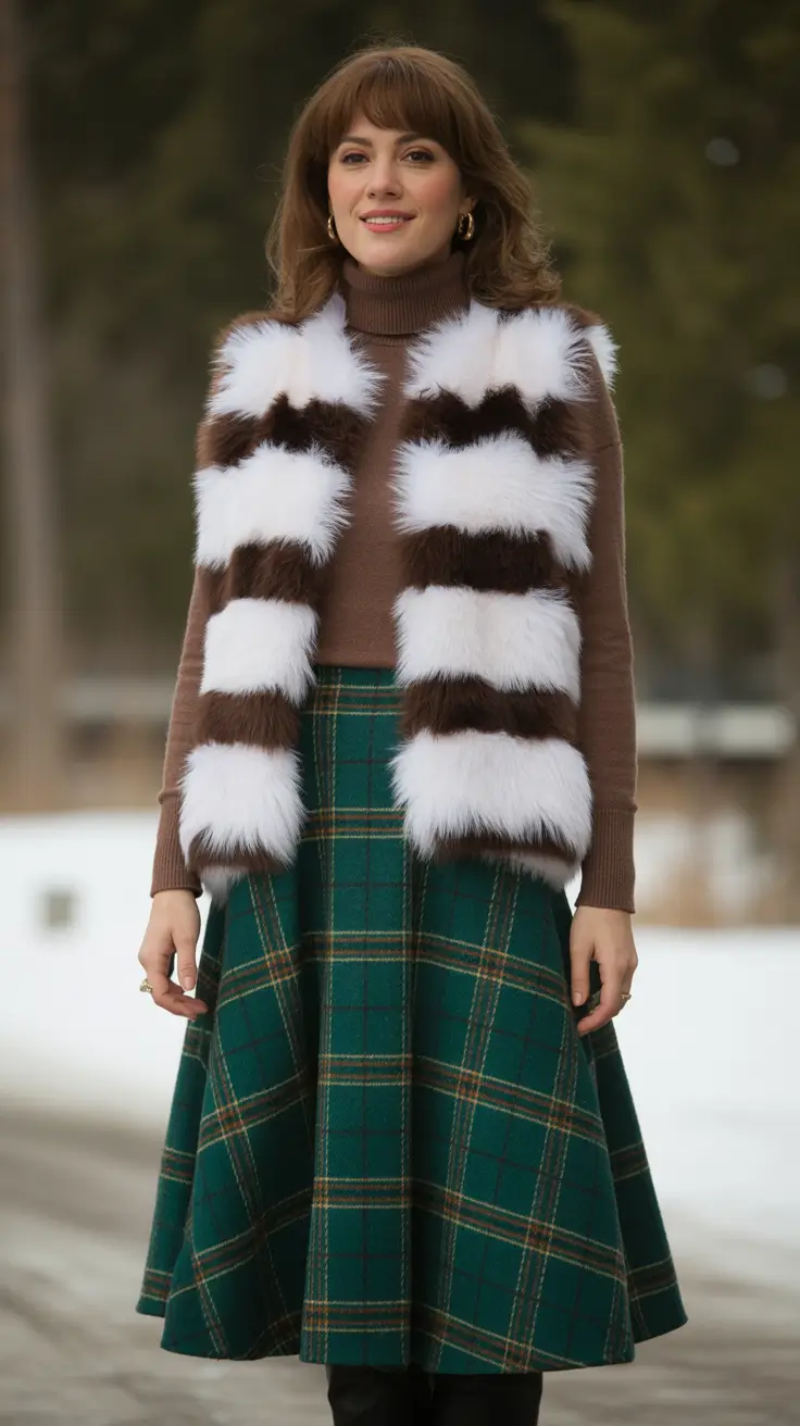 comfy winter outfits ideas 2025 2026 Retro Plaid and Faux Fur Charm