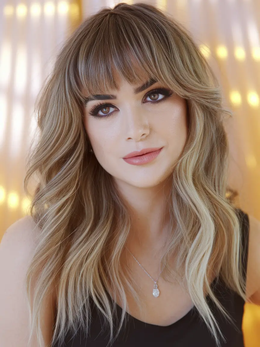 soft caramel balayage with bangs october hair color ideas brunettes