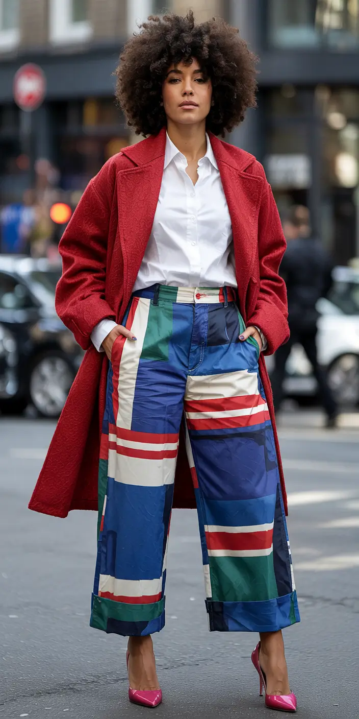 october-outfits-aesthetic-red-coat-printed-pants