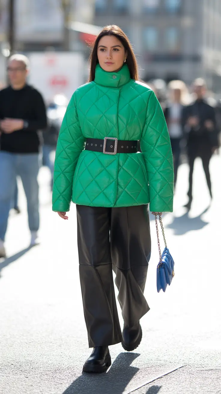 cozy winter outfits cold playful green quilted
