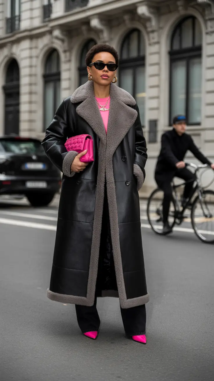 cozy winter outfits women bold contrast shearling