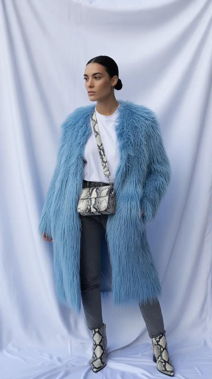 cozy winter outfits aesthetic powder blue faux fur