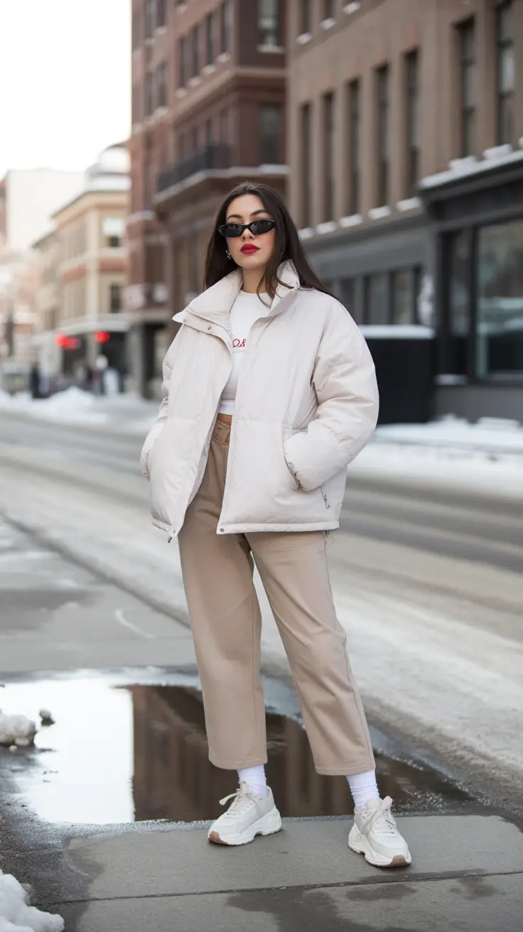 cozy winter outfits casual urban neutral puffer